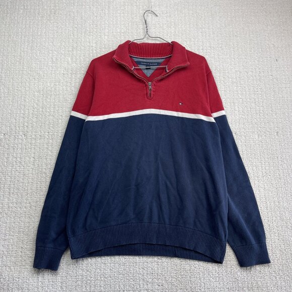 Tommy Hilfiger Sweater Mens L Blue / White / Red Cotton Half Zip Logo Classic - Picture 1 of 12